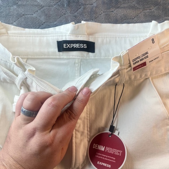 Express Denim Perfect Super High Rise Cropped Legging White Tie Waist Jeans 8 - Picture 2 of 9